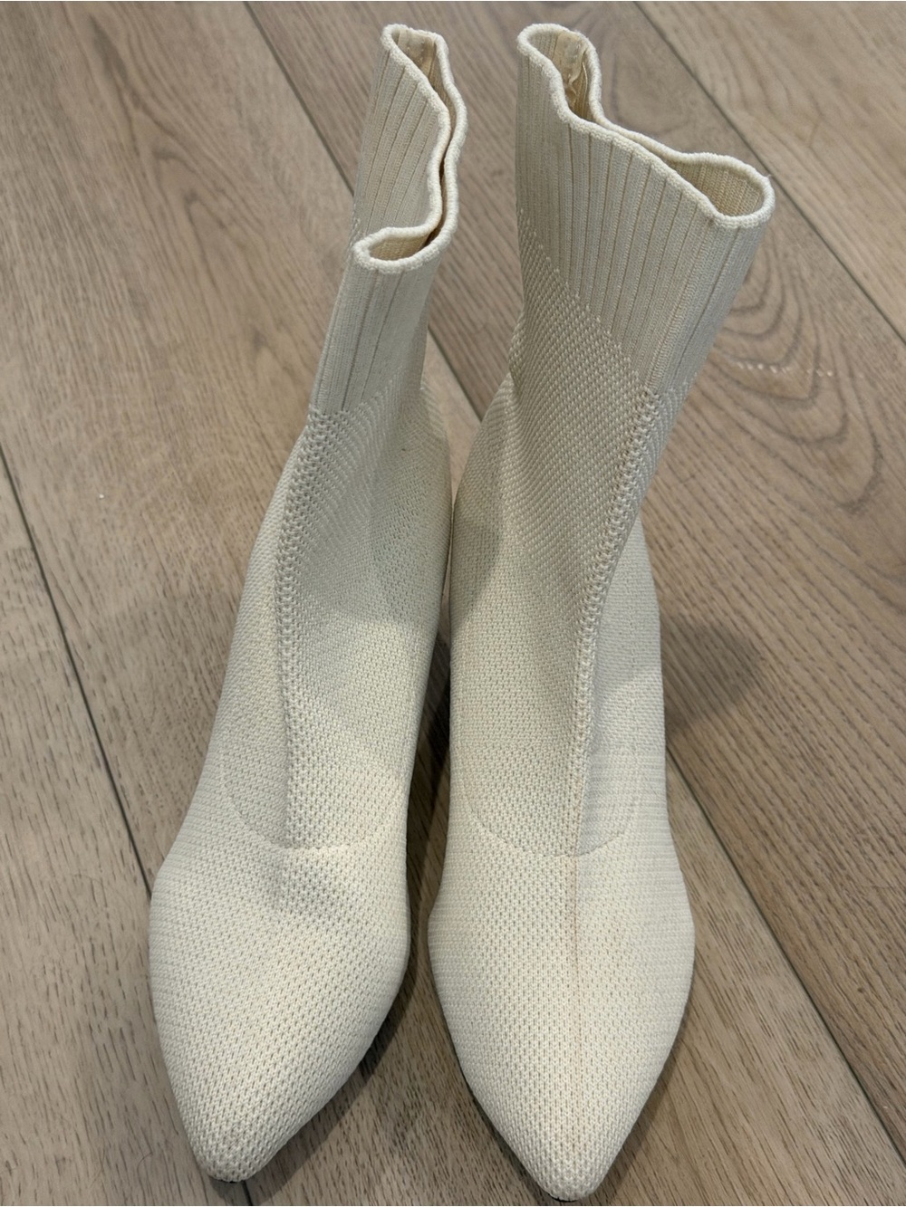 Cream Knit Sock Booties - Women's Stretch Pointed Toe Boots